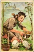 A cserkész szereti a természetet, jó az állatokhoz és kíméli a növényeket. Cserkész levelezőlapok kiadóhivatala / Hungarian boy scout art postcard s: Márton L. (EK)