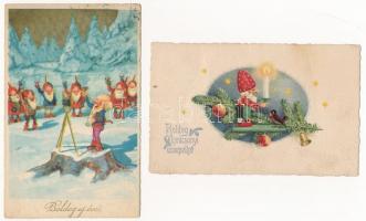 4 db RÉGI újévi üdvözlő képeslap törpékkel, két litho / 4 pre-1945 New Year greeting postcards with ...