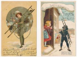 2 db RÉGI litho újévi üdvözlő képeslap kéményseprőkkel / 2 pre-1945 New Year litho greeting postcards with chimney sweepers (R. Kratki)