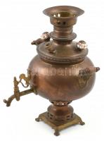 Orosz cári szamovár XIX. sz. Réz, porcelán gombokkal. Kopott, hiányos, Jelzett, m: 35 cm