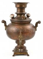 Orosz cári szamovár XIX. sz. Réz, porcelán gombokkal. Kopott, hiányos, Jelzett, m: 35 cm