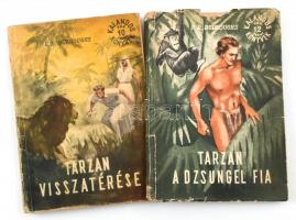 Burroughs, Edgar Rice: Tarzan, a dzsungel fia. + Tarzan visszatérése. (2 kötet). Ford.: Songrády Gábor. Kalandos Könyvek. Bp., 1956-1957, Kossuth. Kiadói illusztrált papírkötés, sérült borítókkal.