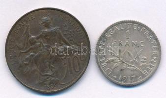 Franciaország 1899. 10c Br + 1917. 1Fr Ag T:2 France 1899. 10 Cents Br + 1917. 1 Franc Ag C:XF