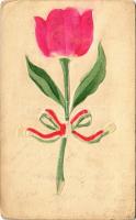1906 Hazafias művészlap dombornyomott tulipánnal és nemzeti színű szalaggal / Hungarian patriotic propaganda with tulip and Hungarian tricolour. L.D.F. Emb. (fa)