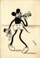 Italozó Mickey egér. Klösz korai Disney képeslap. Hátoldalon Izsák József R.-T. Vegyészeti gyár reklámja / Mickey Mouse drinking. Early Hungarian Disney postcard s: Bisztriczky (fl)