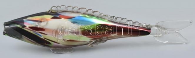 Muránói üveg dísz hal, anyagában színezett, jelzés nélkül, h: 38,5 cm