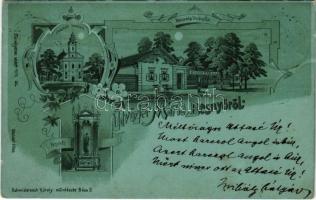 1900 Máriabesnyő, templom, Neszveda Vendéglője, kegykép. Schwidernoch Károly floral Art Nouveau litho (EK)