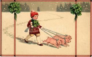 1915 Újévi üdvözlet malacokkal / New Year greeting with pigs. W. Hagelberg litho