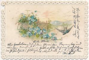 ~1900 Csipke hatású virágos dombornyomott litho üdvözlő képeslap / Lace style embossed floral litho greeting art postcard (szakadás / tear)
