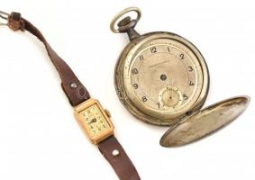 Chronometre Watch fémtokos zsebóra, és aranyozott fém női karóra bőr szíjjal, mindkettő hiányos, nem működő állapotban.