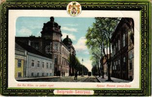 Beograd, Belgrade; Rue Roi Milan, Le palais royal / street view, royal palace, tram, coat of arms (EB)