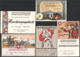 cca 1910 Svájci lövészegyletek 5 db emléklap különfélék