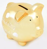 Aranyozott porcelán malacpersely, "Wedding Fund" felirattal, jelzés nélkül, újszerű állapotban, h: 13 cm