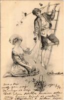 1902 Lady art postcard, romantic couple (fl)