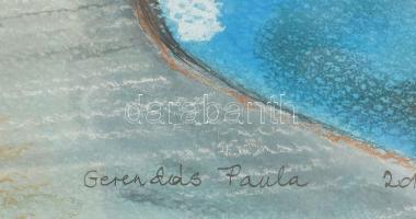 Gerendás Paula (?- ): Balatoni türkiz (vitorláskikötő). Vegyes technika, papír, jelzett. Üvegezett k...