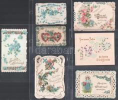 cca 1900 Litografált, dombornyomott újévi és egyéb üdvözlőkártyák, szalaggal össz 7 db / 7 litho greeting cards 12x9 cm