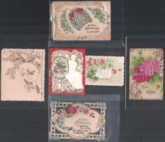 cca 1900 Litografált, dombornyomott újévi és egyéb üdvözlőkártyák, szalaggal össz 8 db / 8 litho greeting cards 12x9 cm