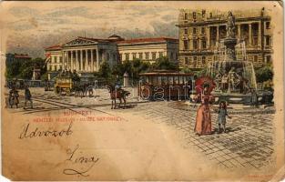 1900 Budapest VIII. Ezredéves Országos Kiállítás, Nemzeti Múzeum és Kálvin tér, villamos. barna 2 Kr. Ga. s: Dörre T., Morelli (EM)