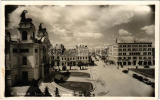 Kolozsvár, Cluj; Deák Ferenc út, Dr. Halász gyógyszertár, Perry Automobile Plymouth Dodge, Royal Mozgó mozi, cukrászda, St. Penes és Dombi üzlete / street, pharmacy, cinema, shops, confectionery (ragasztónyom / gluemakr)