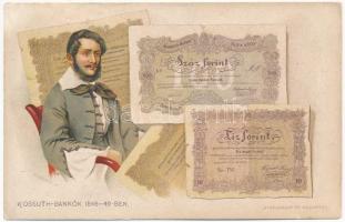 ~1908. Kossuth Lajost és Kossuth bankókat ábrázoló litográf képeslap