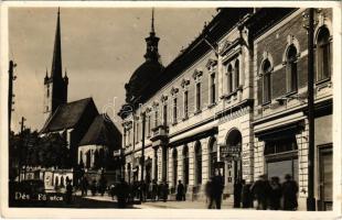 1943 Dés, Dej; Fő utca, templom, Berger Adolf könyv és papírkereskedő üzlete, Hungária szálloda / main street, church, hotel, shops (fl)