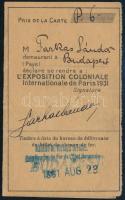1931 Párizsi gyarmati kiállítás igazolvány magyar személy részére / Exposition coloniale id card