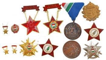 12db-os vegyes, főleg szocialista kitüntetés, jelvény tétel, közte ~1970. "A Szocialista Kultúráért" aranyozott, zománcozott Br kitüntetés (2x) + 1970. "Árvízvédelemért" bronz kitüntetés mellszalagon T:2