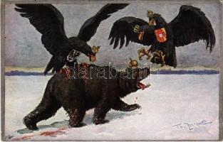 Osztrák-Magyar Monarchia és Német Császárság sasok az orosz medve ellen / WWI anti-Russian mocking propaganda, Viribus Unitis. M. Munk Wien Nr. 980. s: Th. Zasche