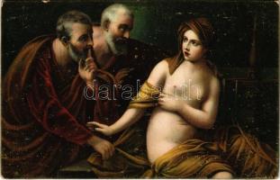 Susanna im Bade / Erotic nude lady art postcard. Stengel litho s: Guido Reni (fl)