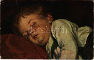 1917 Schlafender Knabe / Children art postcard, sleeping boy. Verlag v. E. A. Seemann Nr. 155. s: F. v. Defregger (Rb)