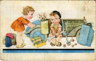 Children art postcard, car mechanic boy. EAS Nr. 2126. (fa)