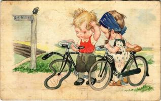Children art postcard, bicycle humour. Amag 0433. (felületi sérülés / surface damage)