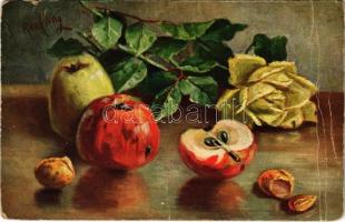 1916 Still life art postcard with apples s: Reckling (fa)