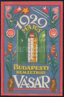 1929 Budapesti Nemzetközi Vásár kártyanaptára, kinyitható, ablakos-keretes jelöléssel a májusi BNV dátuma, Jeges Ernő (1898-1956) népies motívumokkal díszített grafikájával. Bp., Athenaeum-ny., szép állapotban, 11,5x7,5 cm, kinyitva: 11,5x15,5 cm