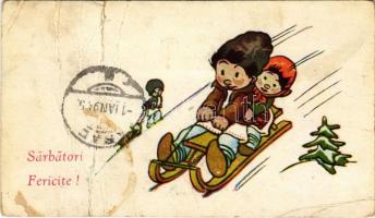 1944 Sarbatori Fericite! / Christmas and New Year greeting art postcard, sled, winter sport (b)