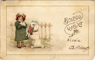 Boldog Újévet! / New Year greeting art postcard, girl with dog. litho (b)