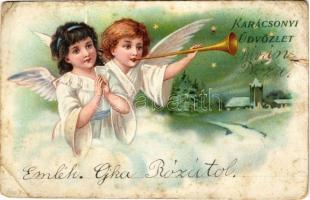 Karácsonyi üdvözlet / Christmas greeting art postcard, angels. litho (b)