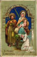 A Merry Christmas. Christmas greeting art postcard, Holy Family. HWB Ser. 4412. litho (EB)
