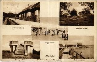 1937 Balatonalmádi-fürdő, Sárkutai vasútállomás (Balatonalmádi-Remetevölgy megszűnt állomás), villák, Nagy strand, fürdőzők, Oványi kilátó, Budatava fürdő (fa)