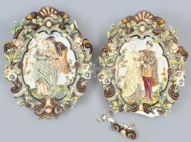 Német ovális, fali dísztányér pár, fajansz XIX. sz., öblében relief, színesen festett jelenet, enyelgés, udvarlási jelenet. Sérült, törött, Jelzett. 44x35 cm