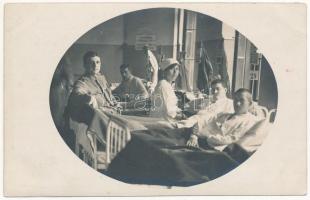 1915 Sebesült magyar katonák kórházban. Hűséges ápolónőnk Katicza nővér / WWI K.u.k. Hungarian wounded soldiers in military hospital, nurse. photo