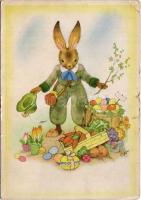 1949 Easter greeting art postcard with rabbit and eggs s: Charlotte Baron (szakadás / tear)
