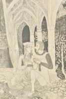 Berki Viola (1932-2001): Lovagkaland. rézkarc, papír, jelzett, sorzsámozott 93/100. 24x36 cm Üvegeze...