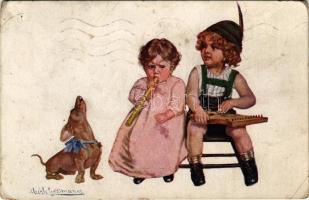 1936 Children art postcard, music band with dog s: Mechle-Grossmann (kopott sarkak / worn corners)