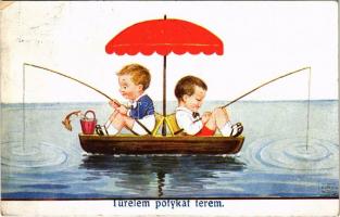 1935 Türelem potykát terem / Children art postcard, fishing humour. WSSB 7236/2. s: John Wills (EK)