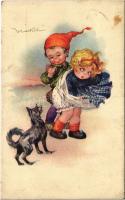 1925 Children art postcard, couple with dog, humour s: Martelli (ázott sarok / wet corner)