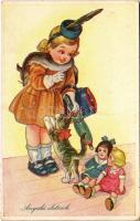 Anyuka elutazik / Children art postcard, dolls (EK)