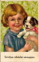 1940 Szívélyes üdvözlet névnapjára / Name Day greeting art postcard, dog (Rb)