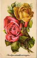 1962 Szívélyes üdvözlet névnapjára! Képzőművészeti Alap Kiadóvállalat / Name Day greeting art postcard, roses s: Stremnitzer Konrádné (EK)