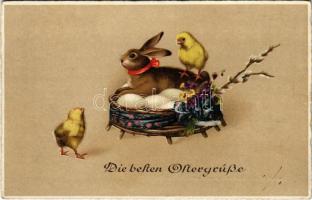 1936 Die besten Ostergrüße / Easter greeting art postcard with rabbit, chicken and eggs
